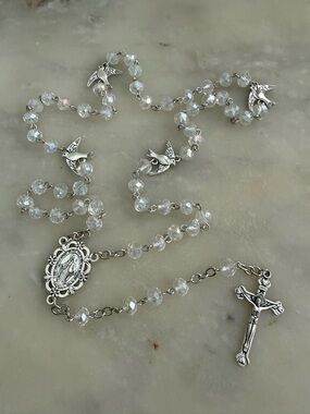 Silver Dove Rosary Necklace with Clear Crystal Beads